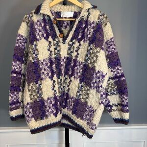 Vintage Handmade Ecuador Wool Sweater Purple Cream‎ Geo Tribal Henley Pullover